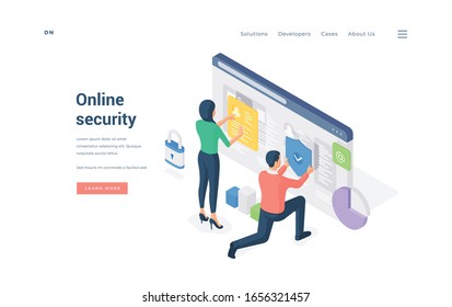Gente navegando juntos por sitios web protegidos. Hombre y mujer isométricos navegando por los datos protegidos en Internet en un banner del sitio web que ofrece servicio de seguridad en línea