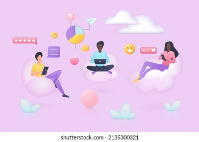 People browsing, using mobile phone and laptop to work or chat communication. Persons sit in cloud armchairs, customers use online services 3d vector illustration. Social media, internet concept