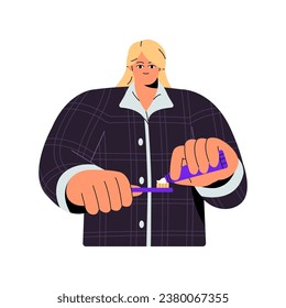 La gente cepilla dientes, limpiando dientes. Chica sosteniendo cepillo de dientes, pasta dental. Las mujeres jóvenes se ocupan de la higiene dental, la salud. Tratamientos de agua diarios por la mañana. Ilustración vectorial aislada plana en blanco
