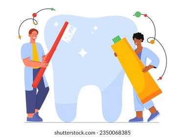 La gente se cepilla los dientes. Jóvenes con pasta dental y cepillo de dientes. Salud, limpieza e higiene, rutina. Odontología y cuidado de la salud oral. Dibujo vectorial plano de dibujos animados