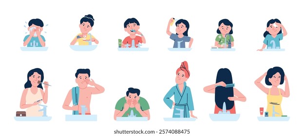 People brushing teeth. Daily hygiene routine, morning or evening washing. Adults and children brushing teeth, wash hands and face. Self care recent vector characters