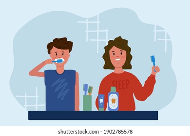 People Brushing their teeth. A man and a woman clean their teeth and mouth in the morning and evening. Toothpaste, mouthwash, brushes in a glass. Vector illustration