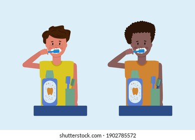 People Brushing their teeth. Two guys brush their teeth and mouth in the morning and evening. Toothpaste, mouthwash, brushes in a glass. Vector illustration