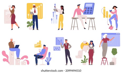 People budget analyse, financial management and cost optimisation. Financial income managing, people planning corporate budget vector illustration set. Finance accounting, managers calculating income