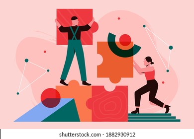 People build business process concept vector illustration. Cartoon partner characters team working together, holding puzzle pieces, building new achievements. Business partnership teamwork background