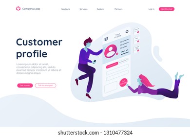People build a customer profile in a mobile application fly in air. Data analysis and office situations. Isometric vector illustration. Landing page concept. Client profile online marketing dashboard.