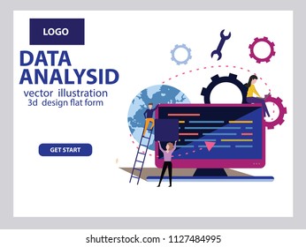 People build a dashboard and interact with graphs. Data analysis, and office situations. Landing page template. Vector illustration