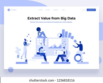 People build a dashboard and interact with graphs. Data analysis, and office situations. Landing page template. Vector illustration