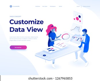 People build a dashboard and interact with graphs. Data analysis, and office situations. Landing page template. Isometric vector illustration