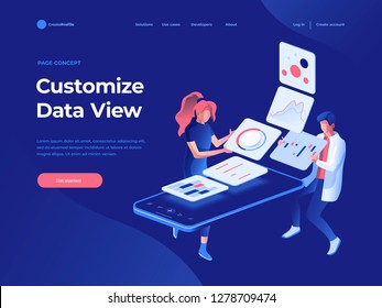 People build a dashboard and interact with graphs on the dark blue backgroung. Data analysis, and office situations. Landing page template. 3D Isometric vector illustration