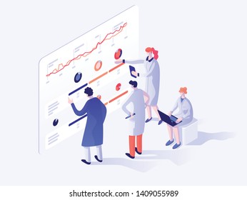 People build a dashboard and interact with graphs. Data analysis, and office situations. Landing page template. Isometric vector illustration