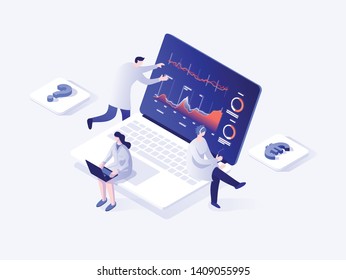 People build a dashboard and interact with graphs. Data analysis, and office situations. Landing page template. Isometric vector illustration