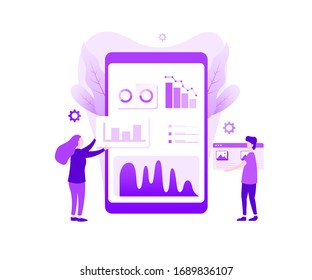 Las personas construyen un tablero e interactúan con los gráficos. Análisis de datos y concepto de infografía.  Plantilla de página de destino. Ilustración del vector
