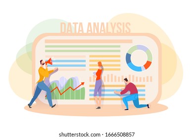 People build a dashboard and interact with graphs.vector business illustration, office workers analyze company growth.study statistics. Flat style illustration.
