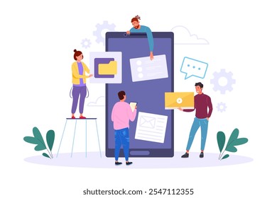 Personas construyen App móvil. Diseñador y desarrollador que hace prototipo de interfaz de aplicación de teléfono inteligente, software que desarrolla Ilustración vectorial de comunicación de agencia de marketing de creatividad