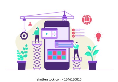 People Build Mobile App Development Process Flat Design Illustration