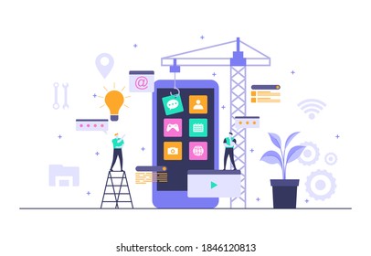 People Build Mobile App Development Process Flat Design Illustration