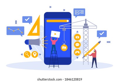 People Build Mobile App Development Process Flat Design Illustration
