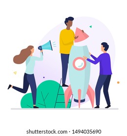 People build rocket. Business character start the project, work in the company. Vector illustration in flat style