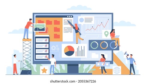 People build website. Developers create software. Designers and programmers work on project. Coordinated teamwork. DevOps system. Vector application interface and content development