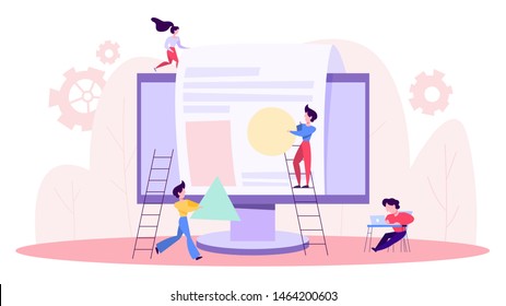 People build website. Web page development process, programming and designing. Construction of site on computer. Vector illustration in cartoon style