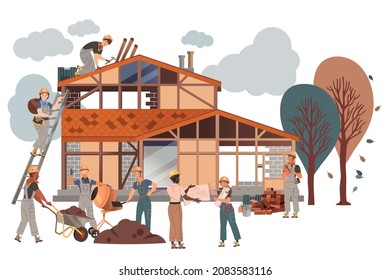 People Builder Character Building House Engaged in Construction Roofing Works Vector Illustration