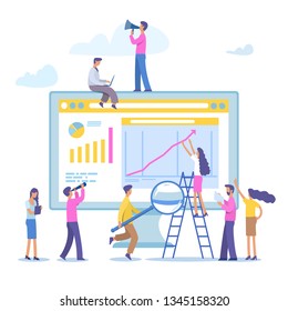 	
  People are building a business project on the Internet. The monitor screen is a building site.Creative teamwork.Vector illustration.