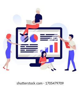 People are building a business project on the monitor screen. Analytics, information gathering, teamwork. Human characters on white background. Color vector illustration