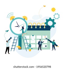 People are building businesses online. Laptop screen, tablet with website, calendar. Teamwork, online business promotion, job collection rating, ideas. Characters of little people. Vector illustration