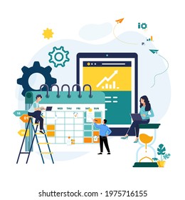 People are building businesses online. Laptop screen, tablet with website, calendar. Teamwork, online business promotion, job collection rating, ideas. Characters of little people. Vector illustration