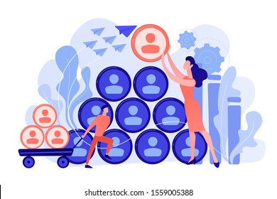 People building career pyramid with chief executive officer CEO on the top. Highest ranking manager, managing director in the IT company. IT team management concept. Pinkish coral blue palette. Vector