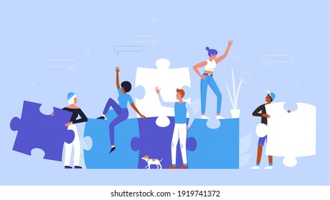 People building creative puzzle concept vector illustration. Cartoon man woman group of characters wearing casual clothes, holding puzzle jigsaw pieces to create success idea startup background