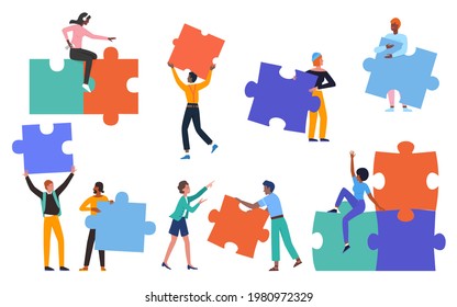 People building creative puzzle concept vector illustration. Cartoon man woman group of characters wearing casual clothes, holding puzzle jigsaw pieces to create success idea startup background