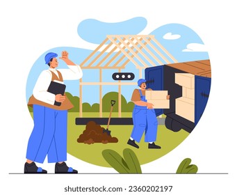People building house concept. Workers near van with cardboard boxes. Builders in uniform near wooden frame of home. Construction and architecture. Cartoon flat vector illustration