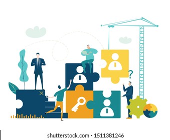 People building the puzzle with crane. Solving problem, achievement and working in progress concept 