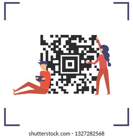 People are building QR Code Related Vector Line Icons for smartphone scanning, identification product in shop, scan data with using. Flat design style. Vector illustration.