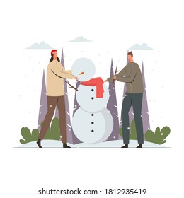 People Building Snowman Vector Illustration