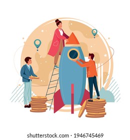 People are building a spaceship rocket. Enterprise system, business startup, venture abstract concept vector illustration. Entrepreneurship, teamwork, financial support, investment, franchising.