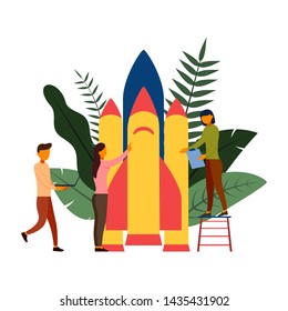 People are building a spaceship rocket, vector illustration