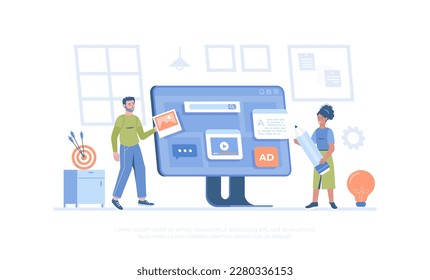 People building user interface. Content marketing. Web and app development. Writing and editing texts, photos and videos. Cartoon modern flat vector illustration for banner, website design, landing 
