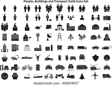 People, Buildings And Transport Solid Icons Set