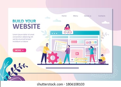 People builds website. Concept of teamwork, web design and development. Team of web developers constructs personal user account or layout for website. Landing page template. Flat vector illustration