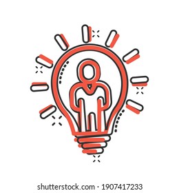 People with bulb icon in comic style. idea cartoon vector collection illustration on white isolated background. Brain mind splash effect business concept.