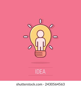 People with bulb icon in comic style. idea cartoon vector collection illustration on isolated background. Brain mind splash effect business concept.