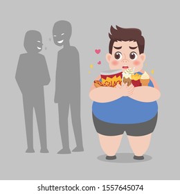 People bullying fat Man, plus size boy have some bullying and feel upset to his obesity. Healthcare concept cartoon Healthy character flat vector design.