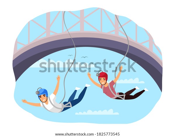 人々はバンジージャンプ エクストリームスポーツの冒険 夏に橋からロープを飛ぶ男たち 屋外で危険なレクリエーションベクターイラスト 自然の中で そして休暇中の生活 のベクター画像素材 ロイヤリティフリー