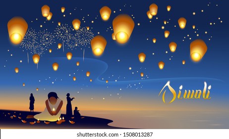 People burning diya on Diwali Holiday. Ancient Hindu festival of lights. Holy Diwali Hindu Festival Celebration. Vector illustration.