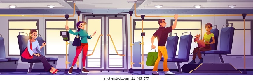 People In Bus Interior, Passengers Men And Women With Luggage, Smartphones Or Pets Sit And Stand In Modern City Commuter Transport Salon With Pos Terminal And Windows, Cartoon Vector Illustration