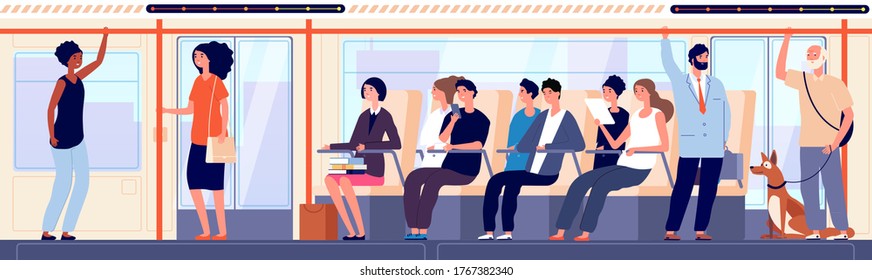 People in bus. Modern public urban transport inside, sitting student and female businessman. Crowd moving to destination vector illustration