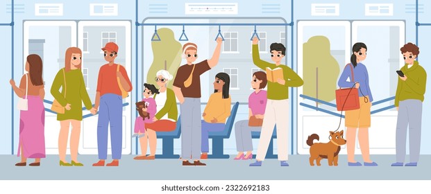 People in bus, public place and travel. Urban transportation service, passengers crowd. Adults go to home or work, snugly vector city transport service